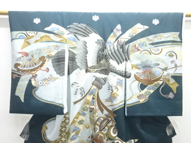  鷹に宝尽くし模様紋付男児着物(内袖・長襦袢付き)